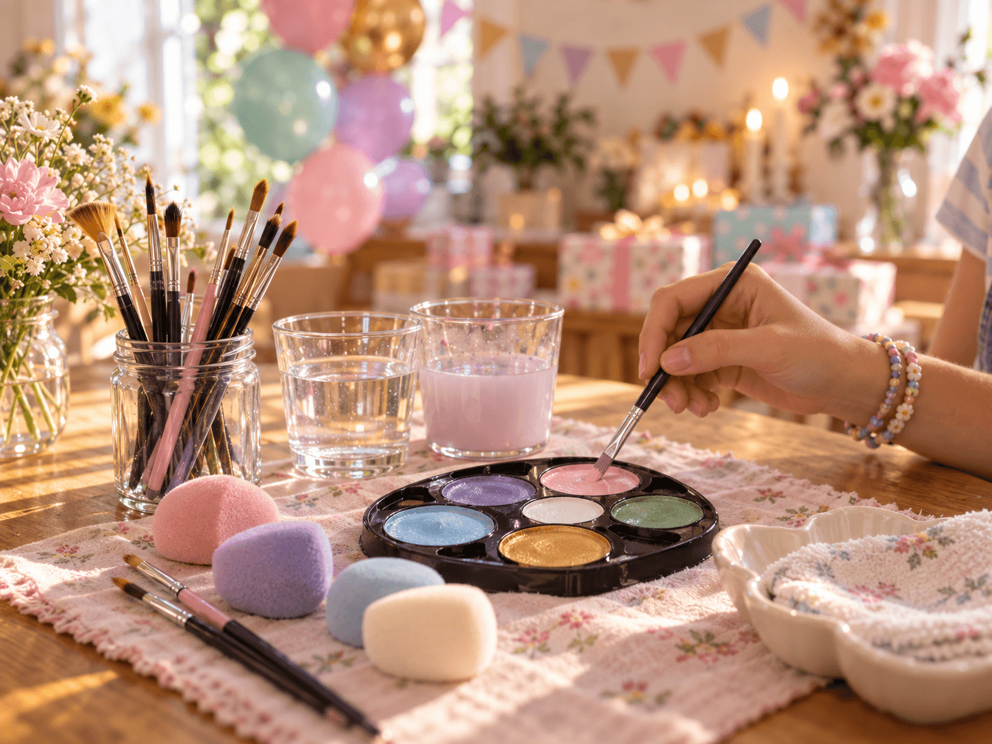 Illustration par IA : palette de couleurs, pinceaux, éponges et récipients d’eau sur une table de maquillage.