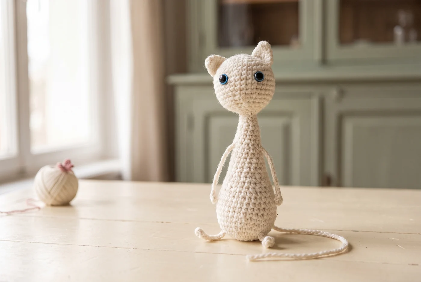 AI-created atelier scene with the ivory yarn cat, soft window light and sage cabinetry