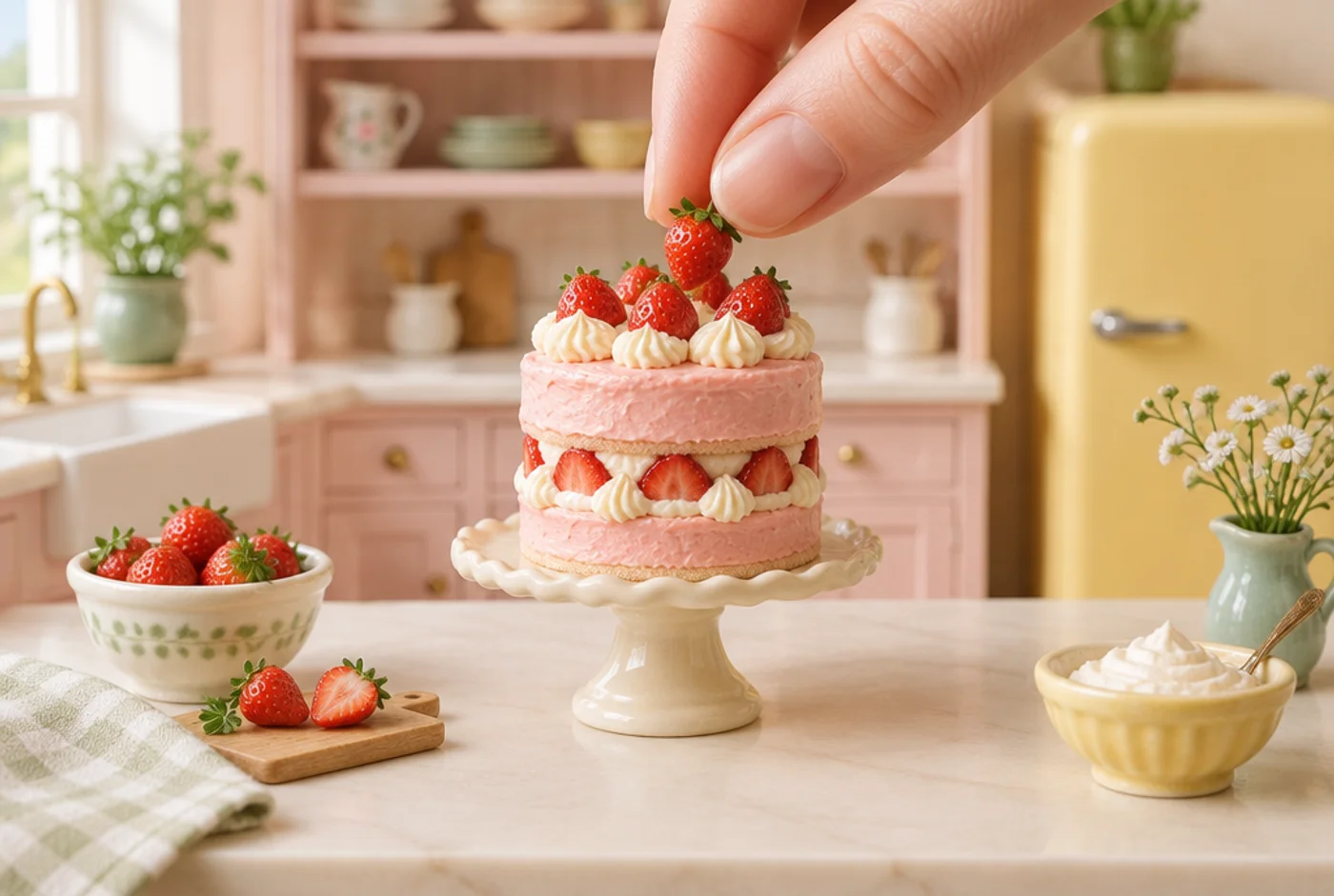 Illustrative tiny strawberry cake in a pink miniature kitchen