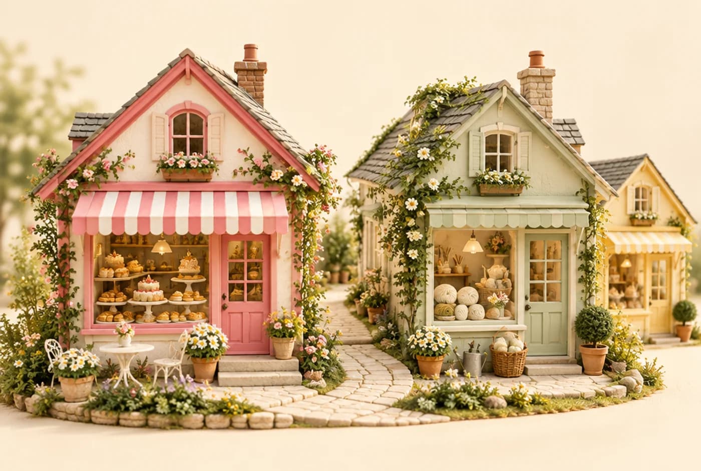 Illustrative miniature village with a pink bakery and a sage atelier